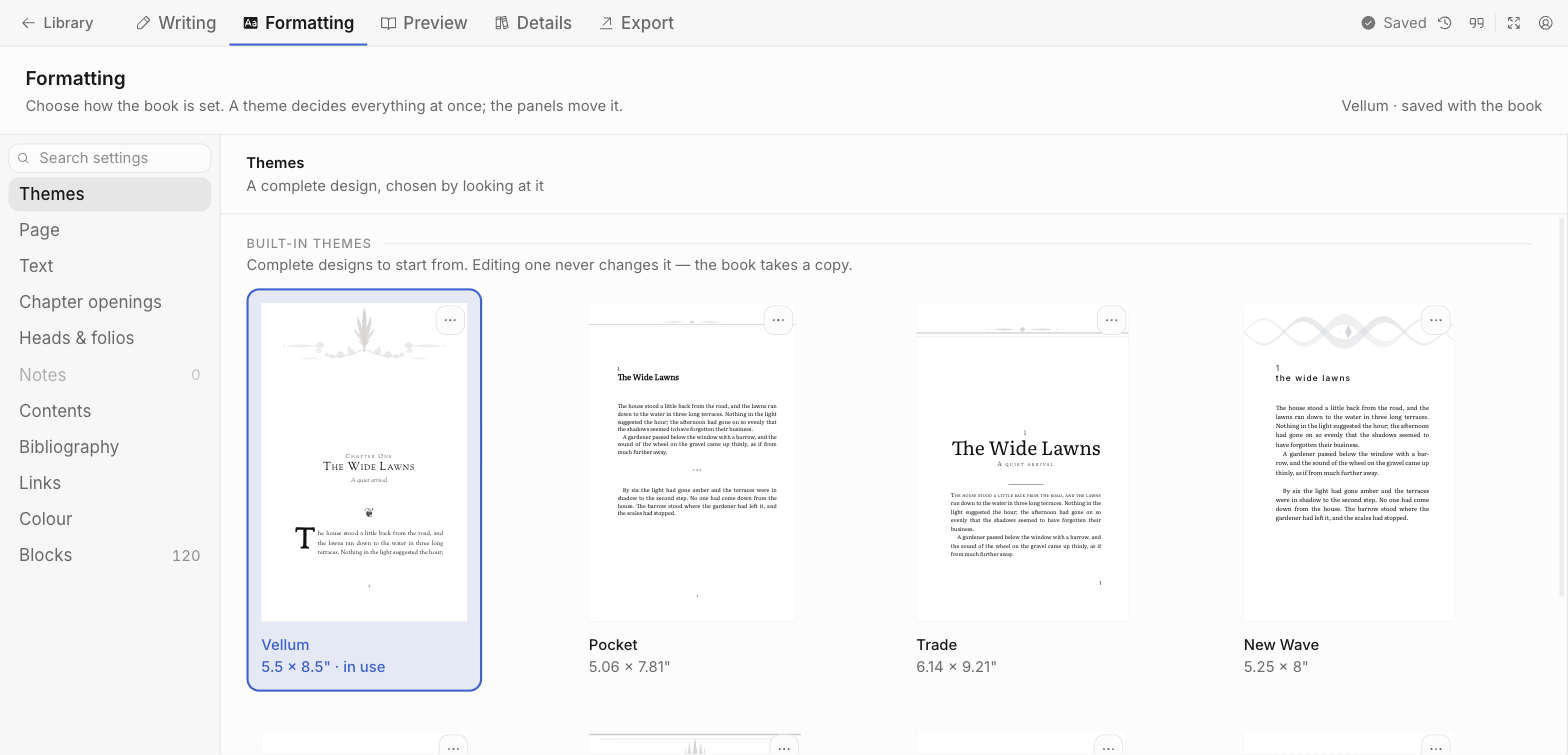 The formatting screen: a grid of complete book themes, each shown as a typeset page with its trim size, the one in use marked.