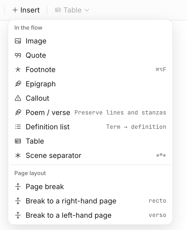 The Insert menu, open. Two groups: 'In the flow' listing Image, Quote, Footnote, Epigraph, Callout, Poem / verse, Definition list, Table and Scene separator; and 'Page layout' listing Page break, Break to a right-hand page and Break to a left-hand page.