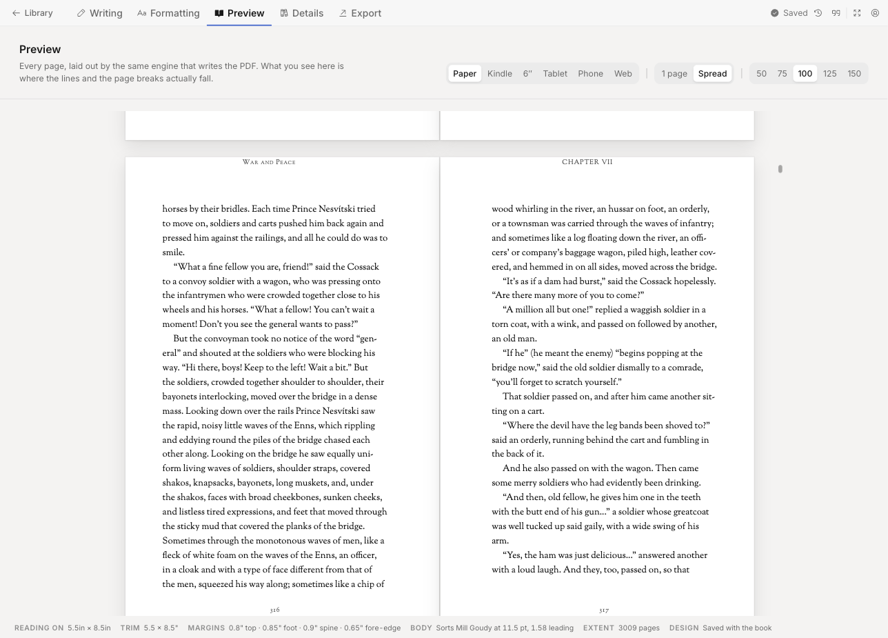 The preview: two facing pages of War and Peace at 5.5 by 8.5 inches, with running heads, folios and justified text, over a status bar reading three thousand and nine pages.