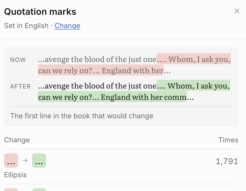 The quotation-marks dialog: one sentence of the book shown as it is now and as it would be, with the changed marks highlighted, over the first row of a table of substitutions counting 1,791 ellipses.