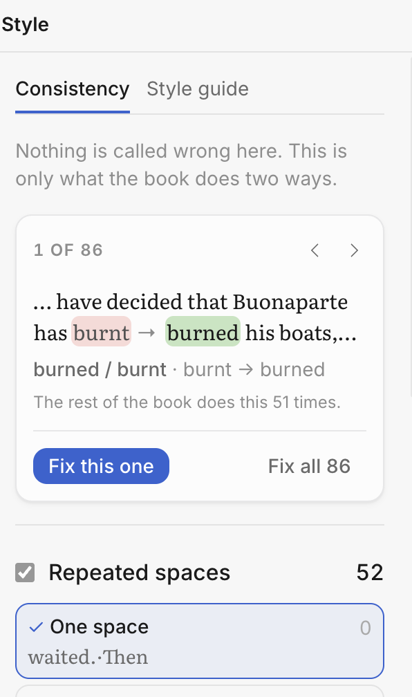 The Style panel: a stepper reading one of eighty-six, showing burnt corrected to burned with a note that the rest of the book does this fifty-one times, over the repeated-spaces rule and its count.